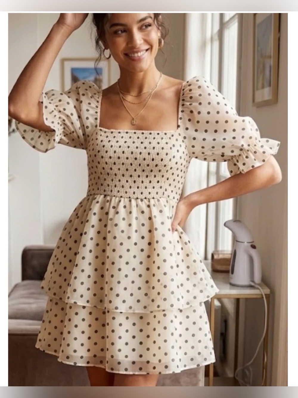 English Factory Polka Dot Lurex Tiered Mini Dress Puff Sleeve Size S NWT